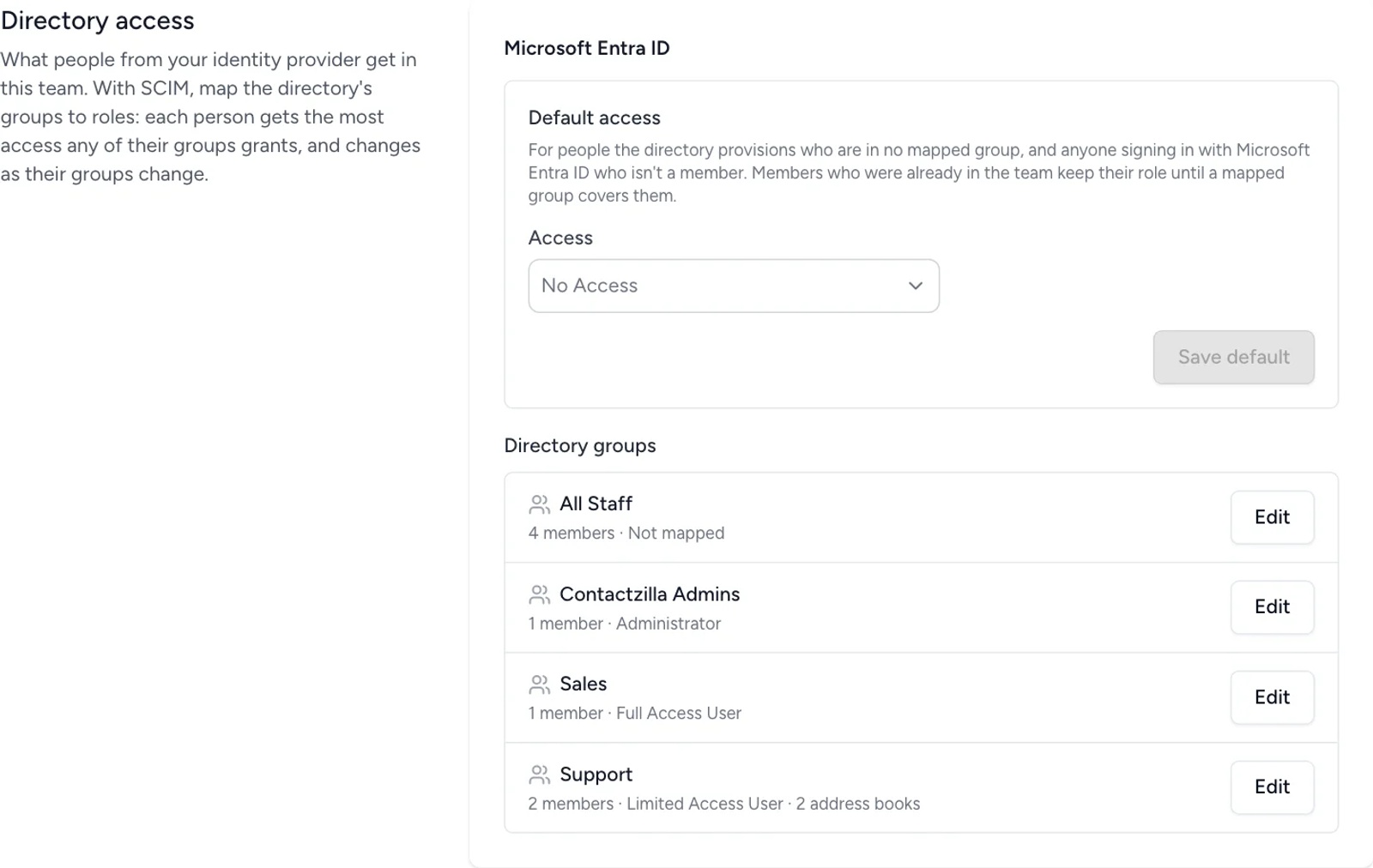Directory access on Contactzilla's Team Members page with Default access and the groups Entra pushed.