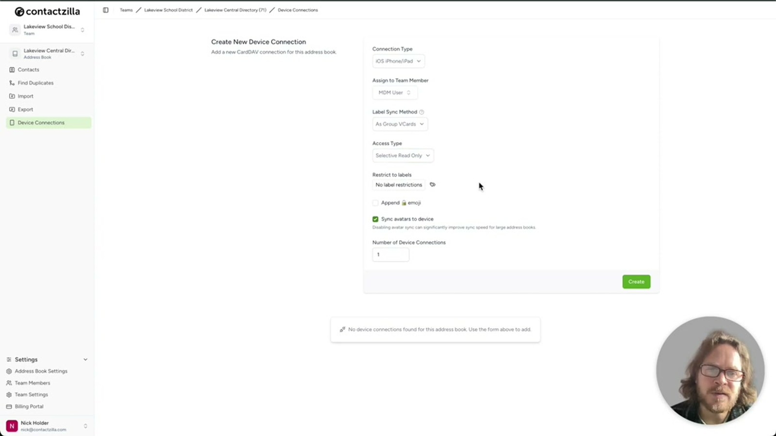 Contactzilla device connection settings showing the access type dropdown and label selection