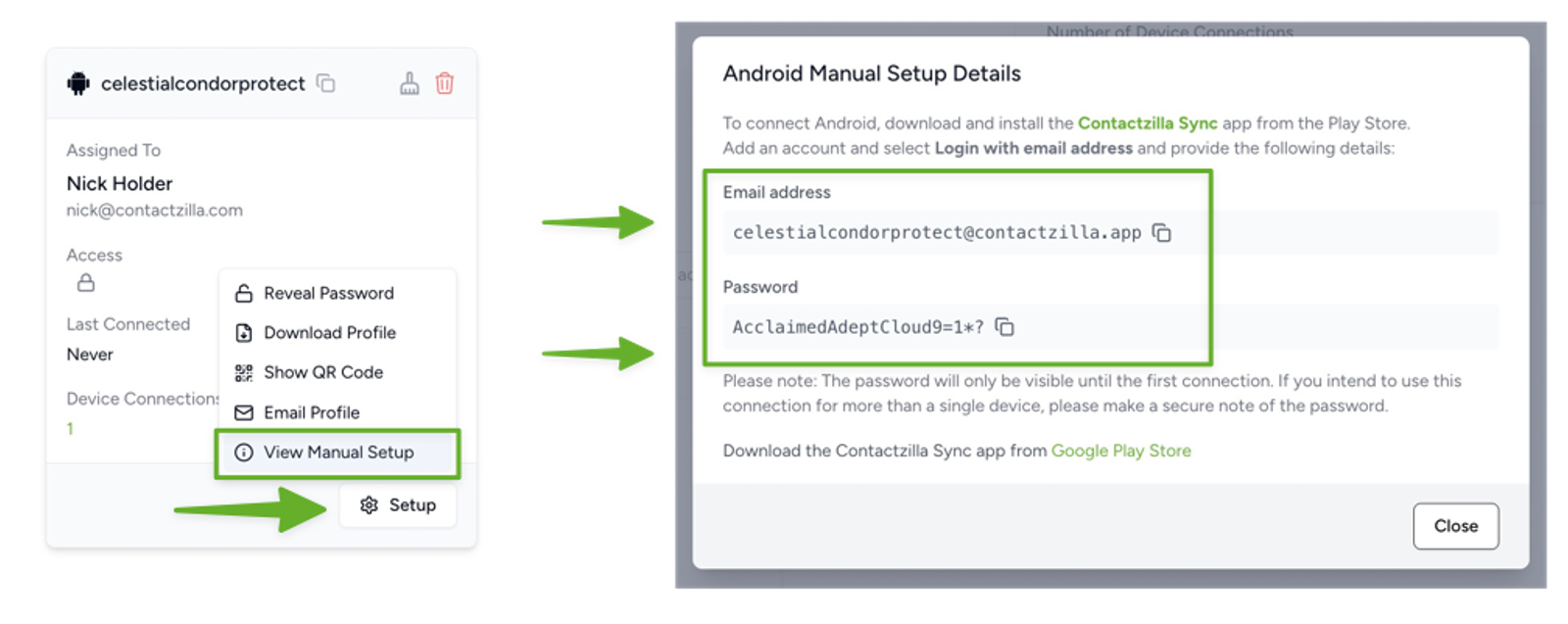 Screenshot from the Contactzilla dashboard showing a created CardDAV connection with the option View Setup Details highlighted. This illustrates the step where the user clicks to reveal the server address, username, and password needed to configure the connection in PeopleSync.