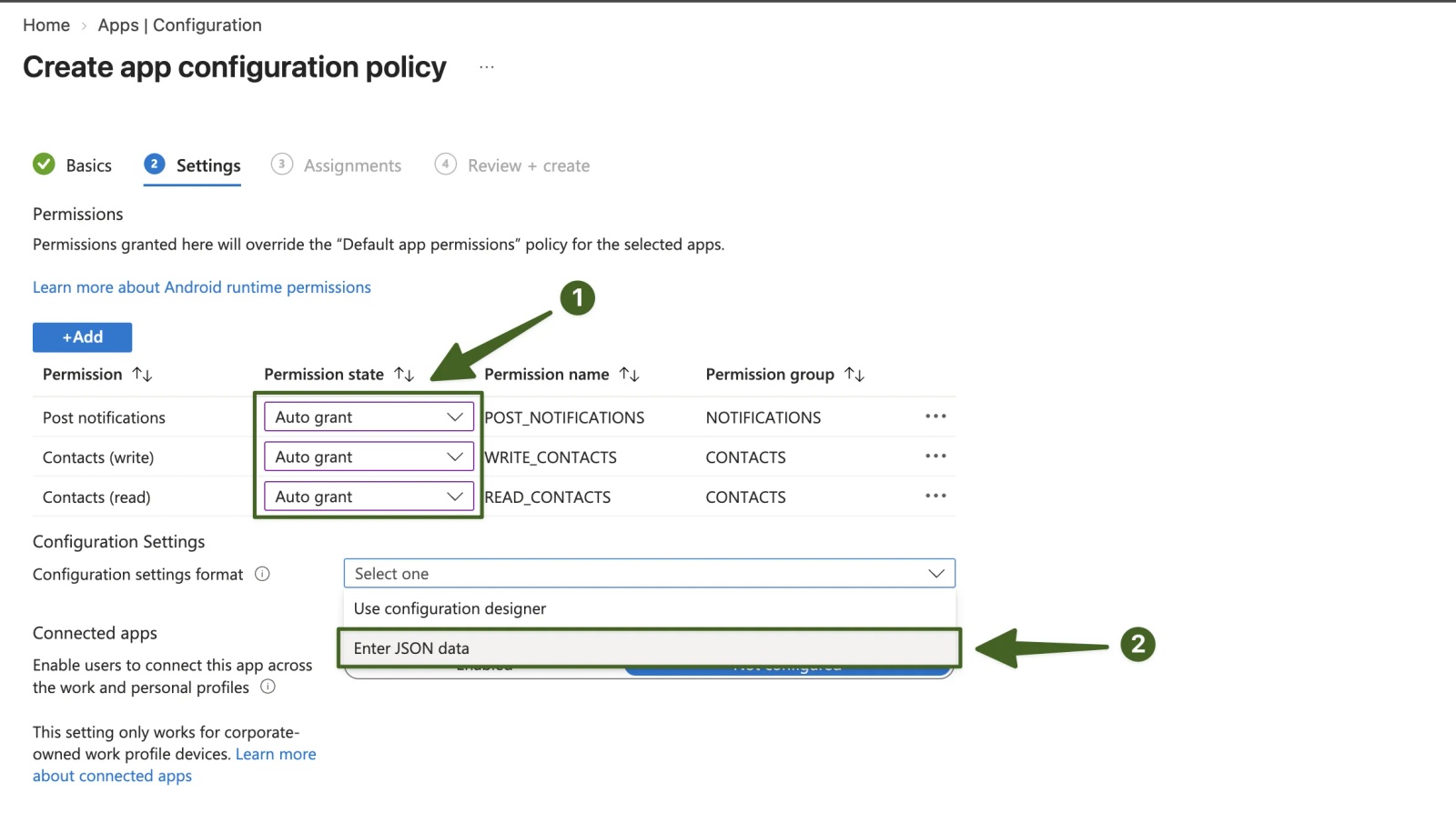 Intune app configuration policy with Contacts read, Contacts write and Post notifications set to Auto grant, and Enter JSON data selected