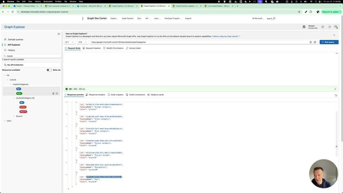 Microsoft Graph Explorer showing the masterCategories API endpoint response with default color categories