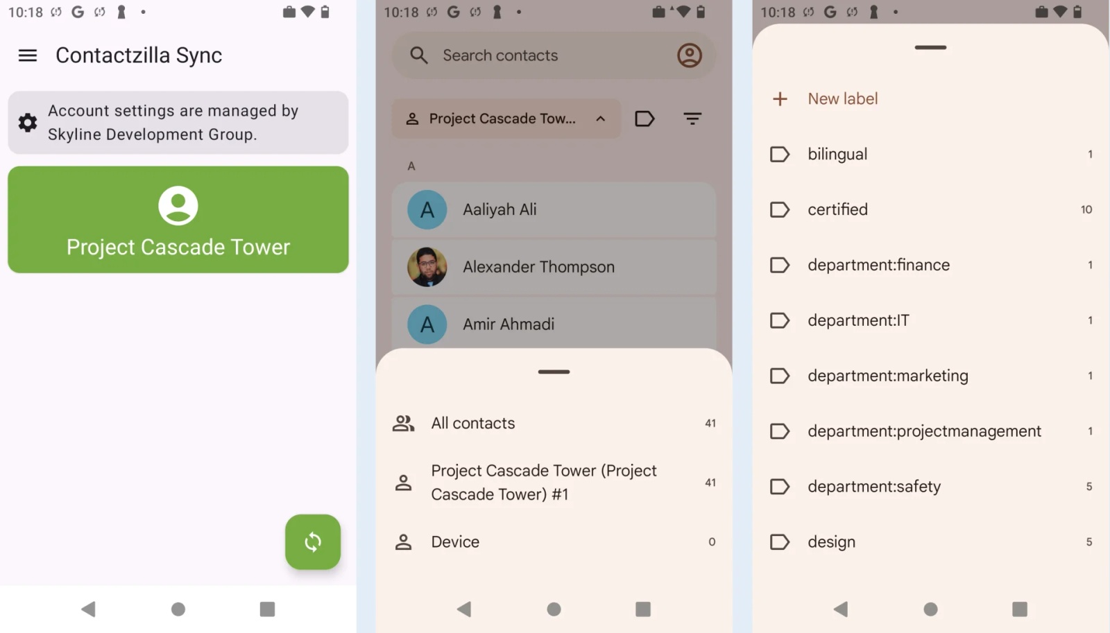 Three Android screenshots showing Contactzilla Sync managed by Skyline Development Group, Google Contacts app displaying the ‘Project Cascade Tower’ address book as the active source, and label filters (e.g., department:IT, department:marketing, certified, bilingual) confirming Contactzilla contacts synced to the work profile.