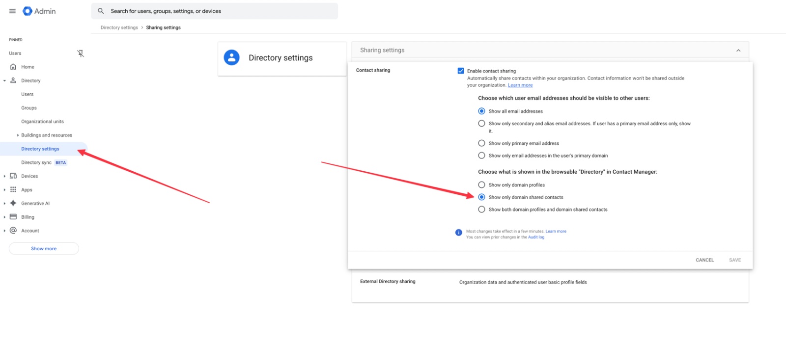Google Admin console Directory settings showing how to enable contact sharing and select ‘Show only domain shared contacts’ option.