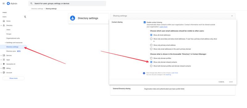 Google Admin console Directory settings showing how to enable contact sharing and select ‘Show only domain shared contacts’ option.