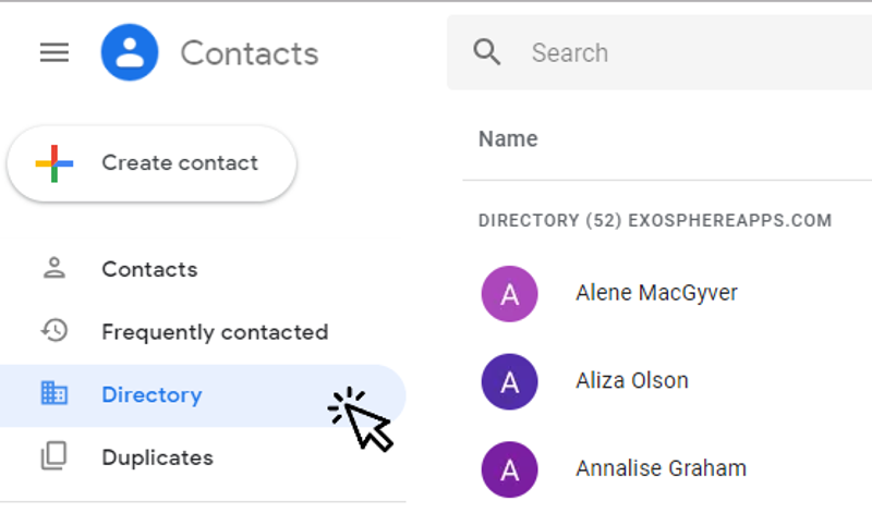The contact directory view in Google Contacts