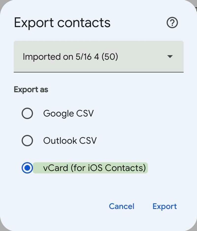Export Contacts dialogue box where we can select to export to vCard.