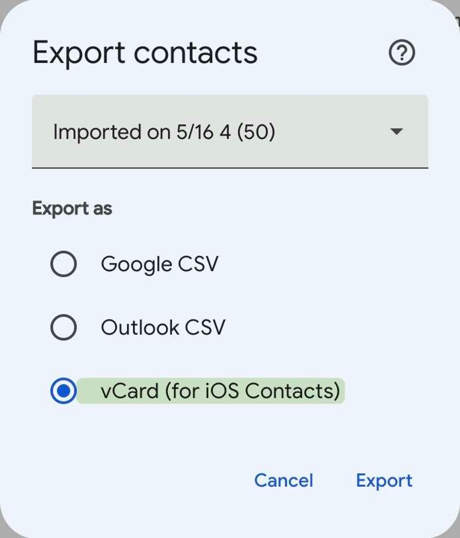 Export Contacts dialogue box where we can select to export to vCard.