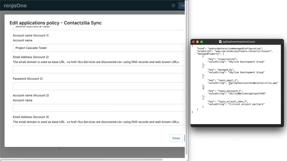 Android device showing the native contacts app with Contactzilla-synced contacts and the Contactzilla Sync app showing a successful sync status