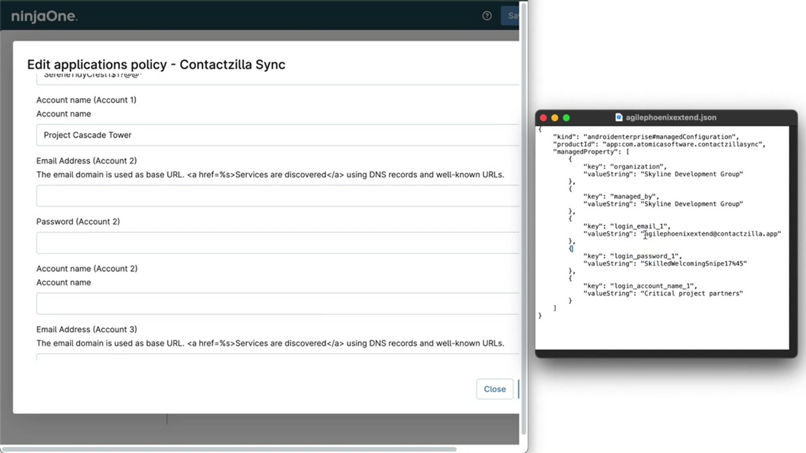 Android device showing the native contacts app with Contactzilla-synced contacts and the Contactzilla Sync app showing a successful sync status