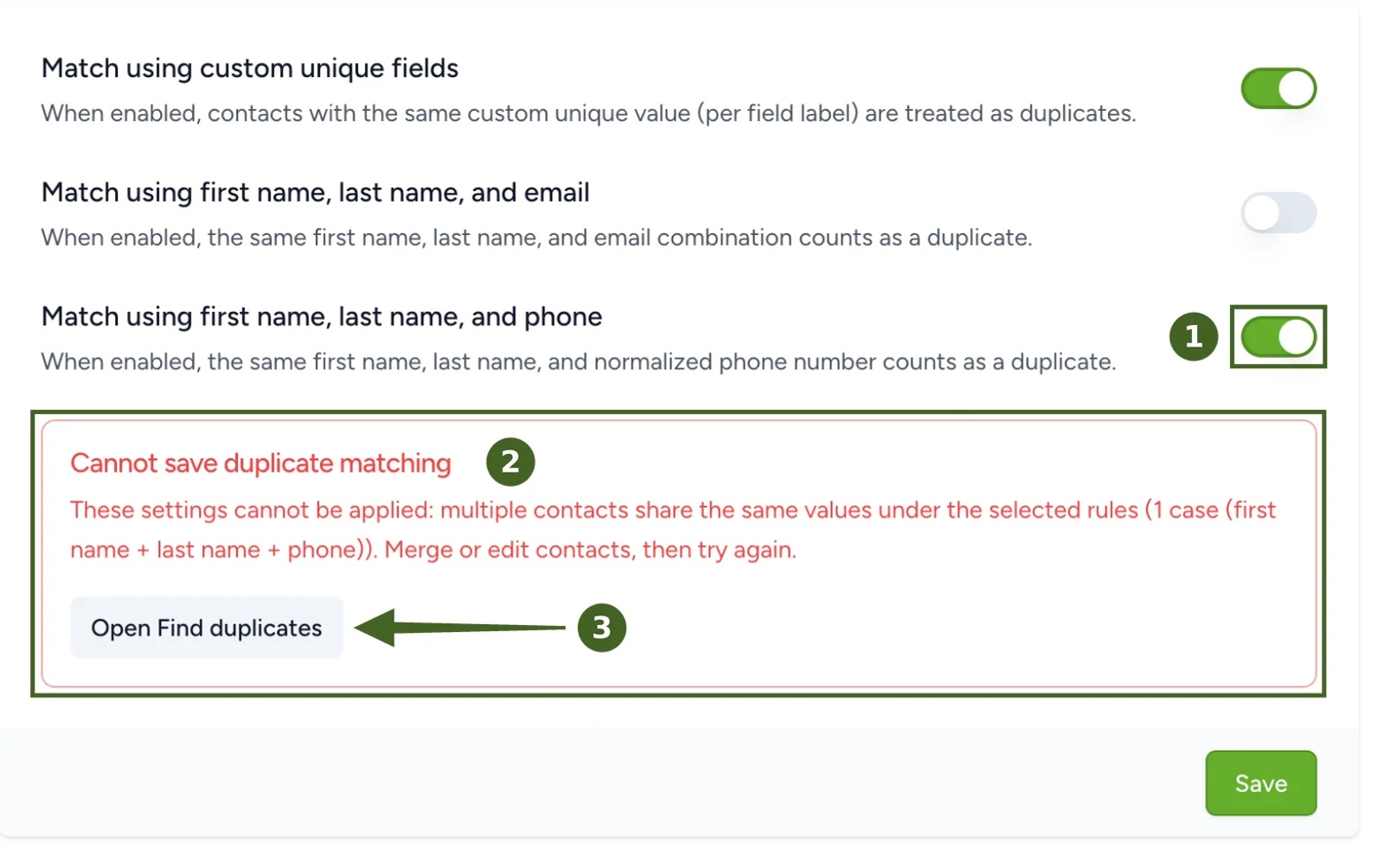 Contactzilla duplicate matching settings showing the Cannot save duplicate matching message after switching on the name and phone rule, with one clashing case and the Open Find duplicates button.