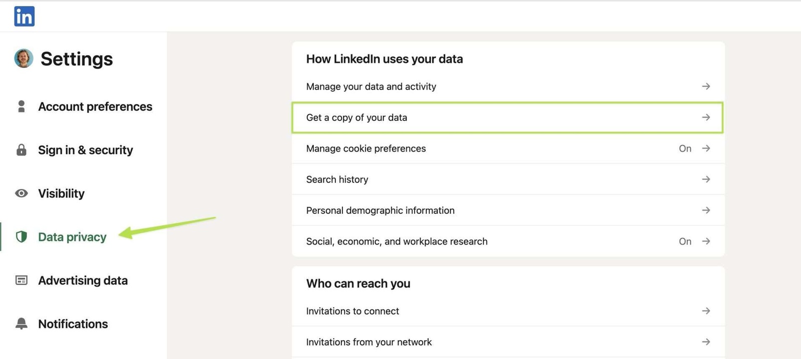 Screen shot showing the 'Data and Privacy' section in the Linkedin settings.