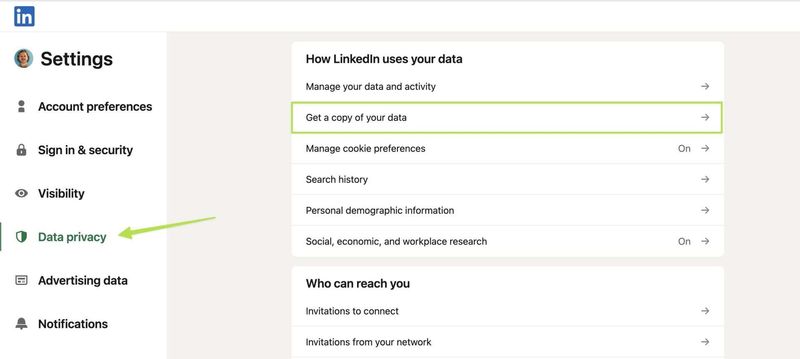 Screen shot showing the 'Data and Privacy' section in the Linkedin settings.