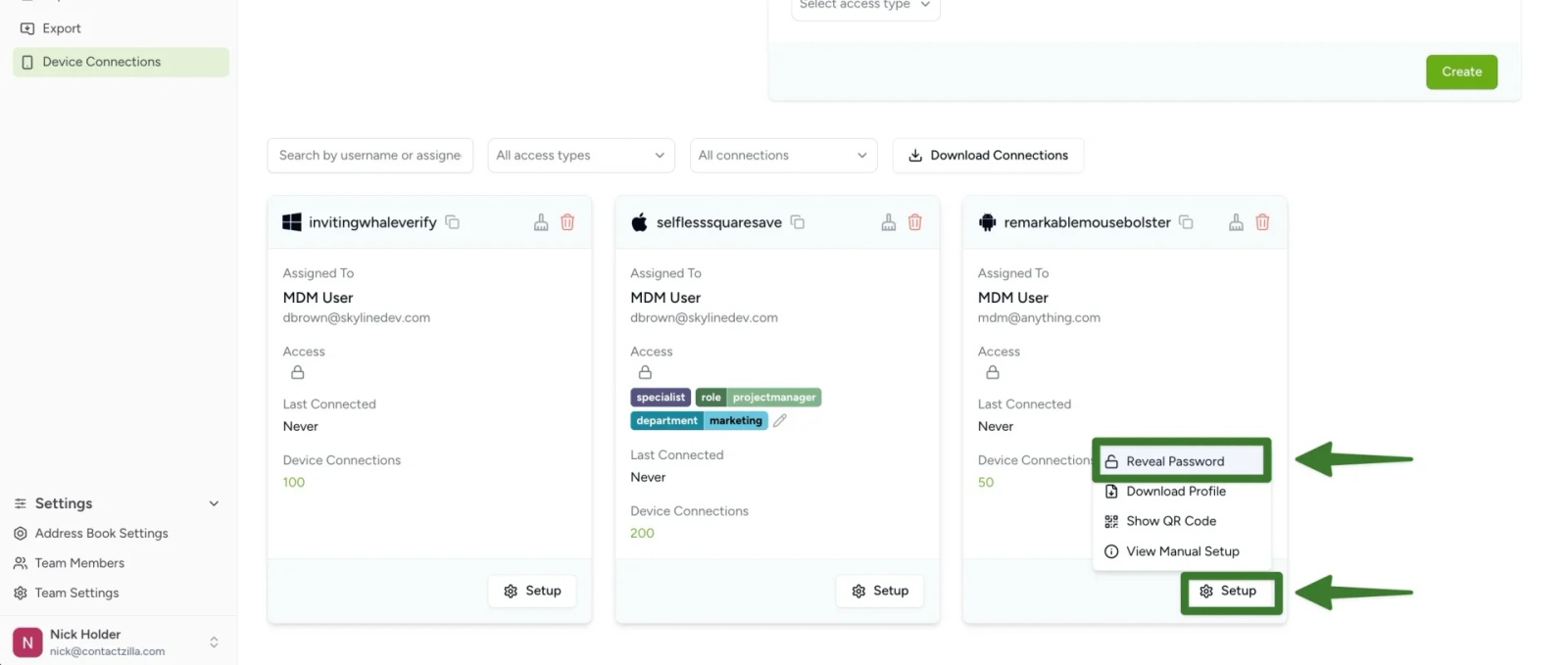 Contactzilla Device Connections screen showing the “Reveal Password” and “Download Profile” options for a CardDAV connection