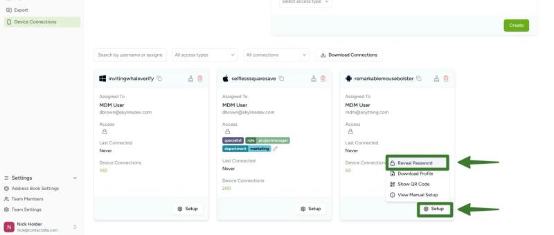 Contactzilla Device Connections screen showing the “Reveal Password” and “Download Profile” options for a CardDAV connection