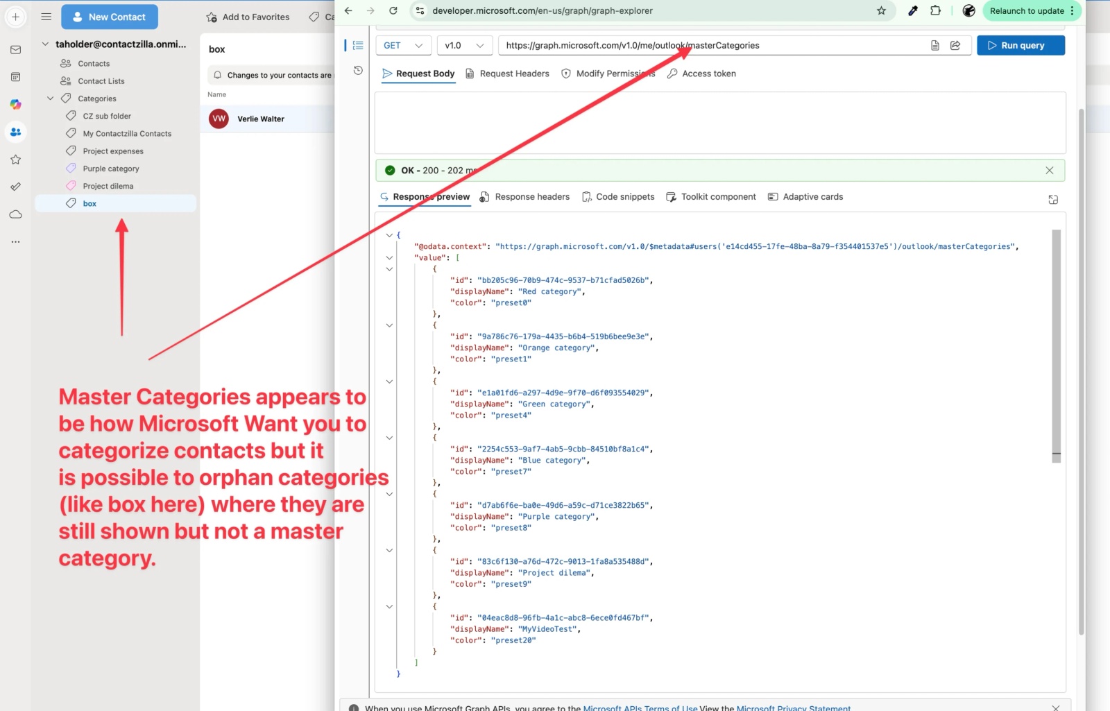 Screenshot showing Microsoft Outlook categories including an orphaned “Box” label that is not listed as a master category in Microsoft Graph Explorer, highlighting inconsistency in category handling. Let me know if you'd like a caption version for in-line use as well.