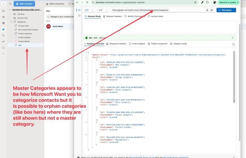 Screenshot showing Microsoft Outlook categories including an orphaned “Box” label that is not listed as a master category in Microsoft Graph Explorer, highlighting inconsistency in category handling. Let me know if you'd like a caption version for in-line use as well.