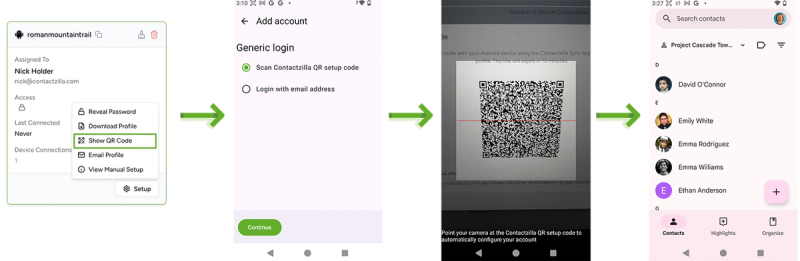 A series of screenshots walking you through setup from initial CArdDAV connection setup to QR code scanning on device to a final contact list being shown on the Android device.