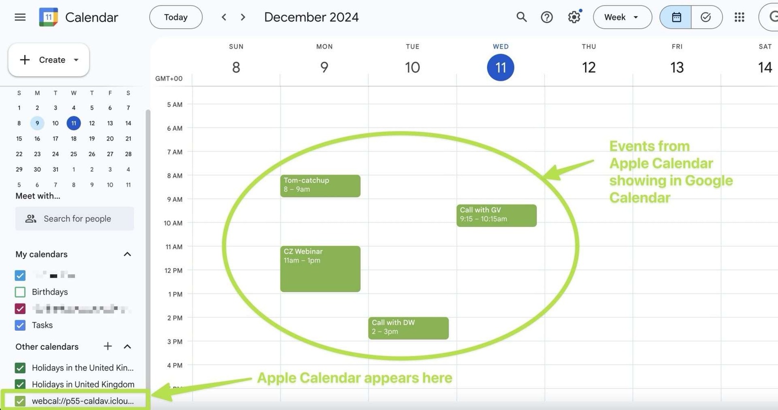 Apple calendar events are now showing in Google via the public URL calendar from iCloud which now shows in the 'Other Calendars' section.