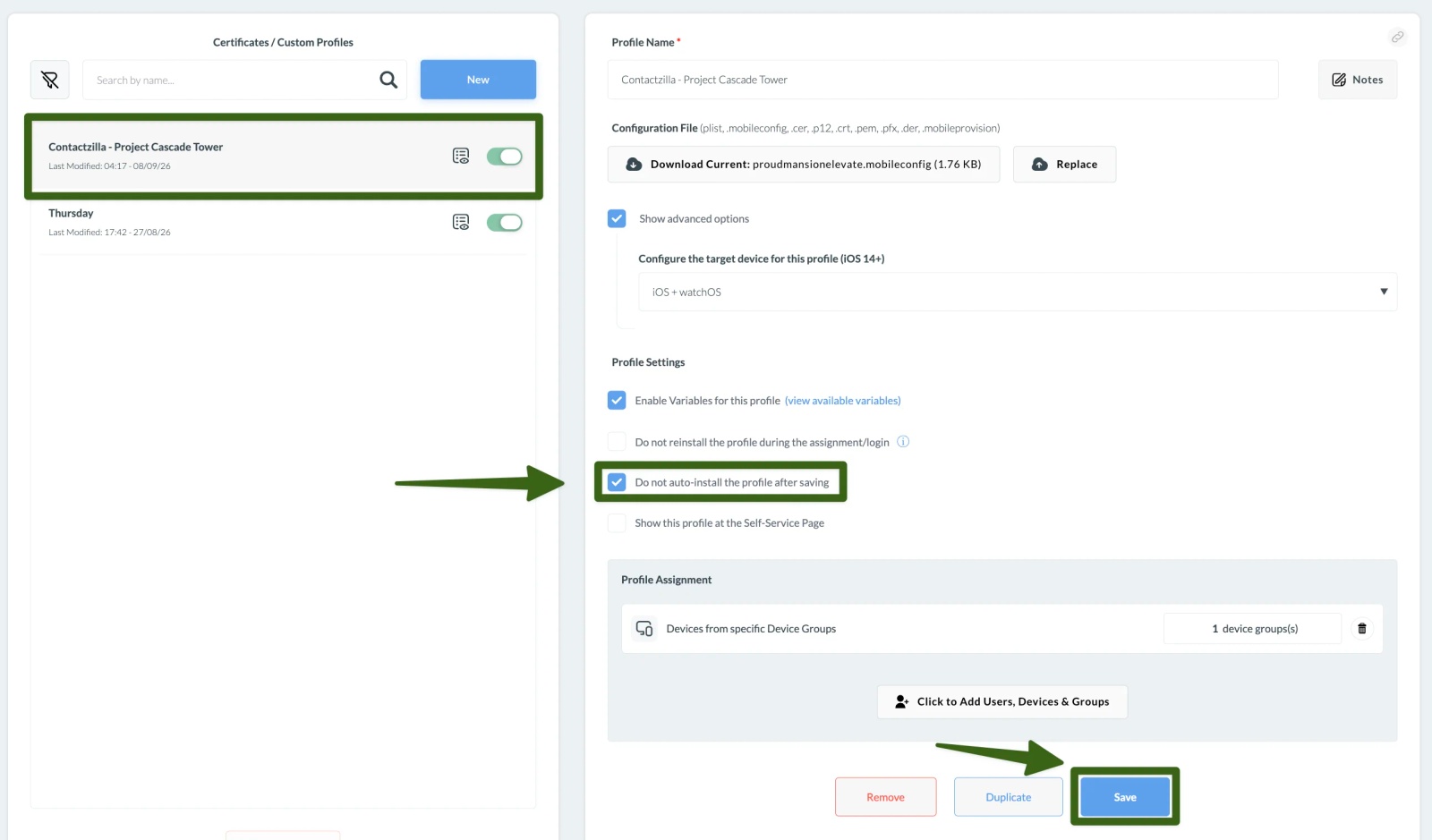 Contactzilla profile settings in Mosyle with Do not auto-install the profile after saving ticked and the Save button highlighted.