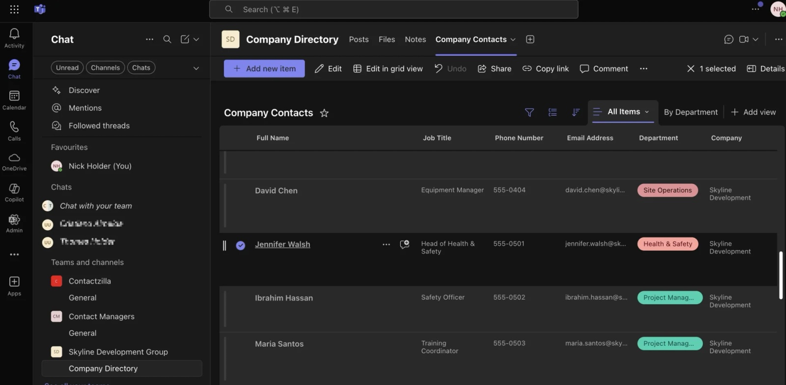 SharePoint contact list in grid view with Exit grid view button highlighted for stopping inline editing mode