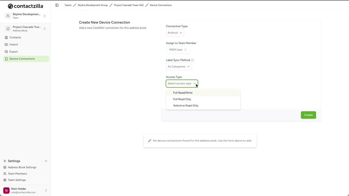 Contactzilla dashboard showing the Device Connections panel with Android selected as connection type