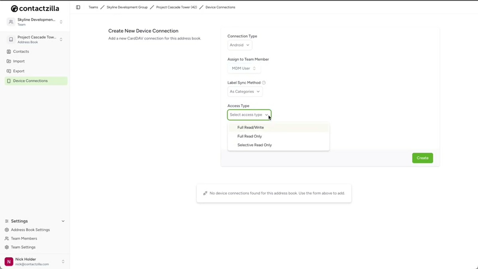 Contactzilla dashboard showing the Device Connections panel with Android selected as connection type