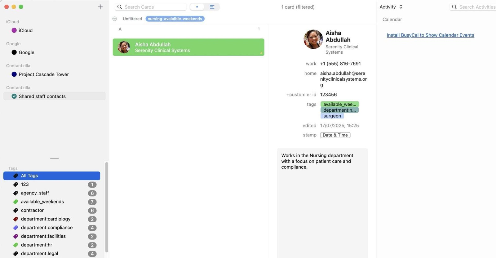 A contact management interface displaying a list of contacts with multiple colour-coded tags such as "Available weekends," "Project X," and "VIP" applied to different entries. The tags appear as labels beside each contact name.