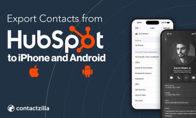 Export Contacts from HubSpot to iPhone and Android header, with the HubSpot logo above Apple and Android marks beside two iPhones showing the Cascade Tower (HubSpot) lists and a read-only contact card