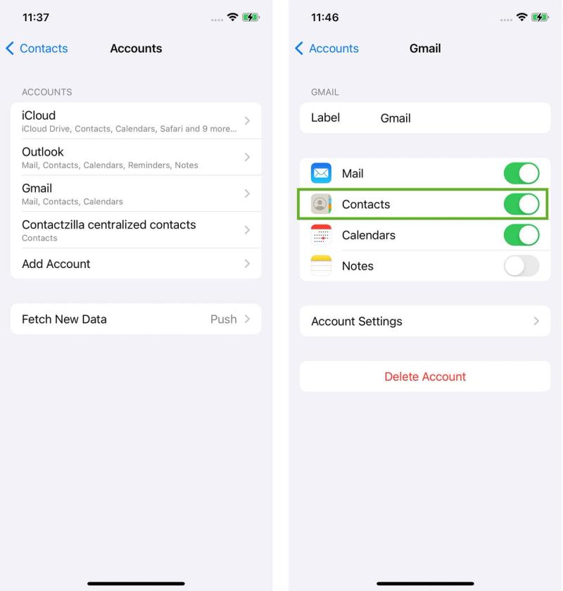 Going into a sync source and choosing whether to activate Contacts or not.