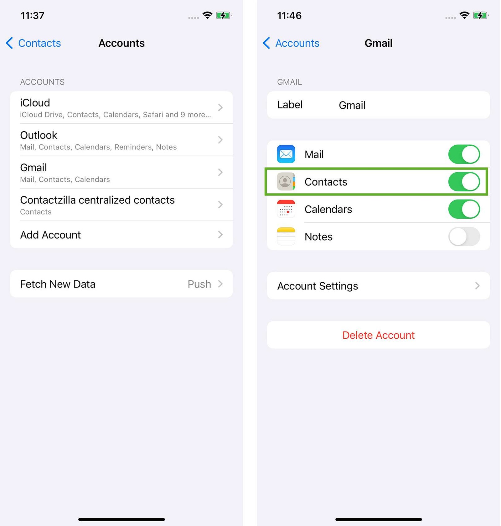 Going into a sync source and choosing whether to activate Contacts or not.