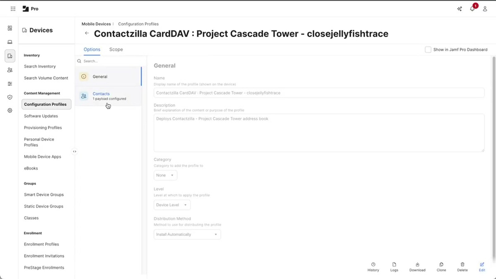 Jamf Pro scope configuration showing mobile device groups targeting with the CZ Pilot iPhone group selected