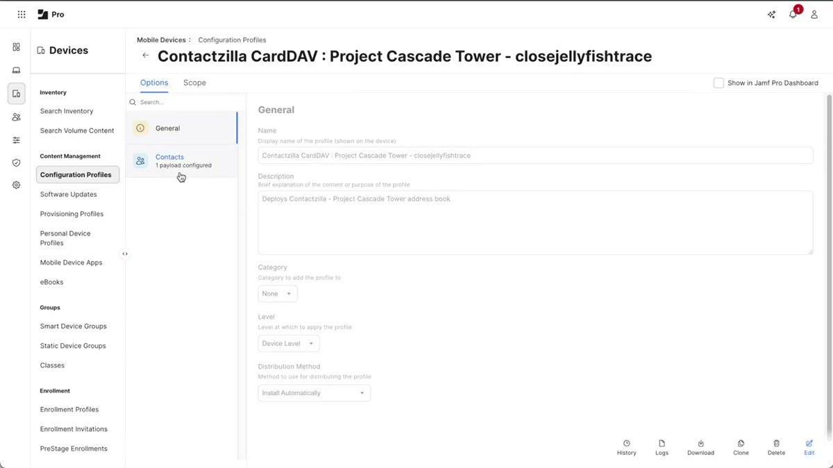 Jamf Pro scope configuration showing mobile device groups targeting with the CZ Pilot iPhone group selected