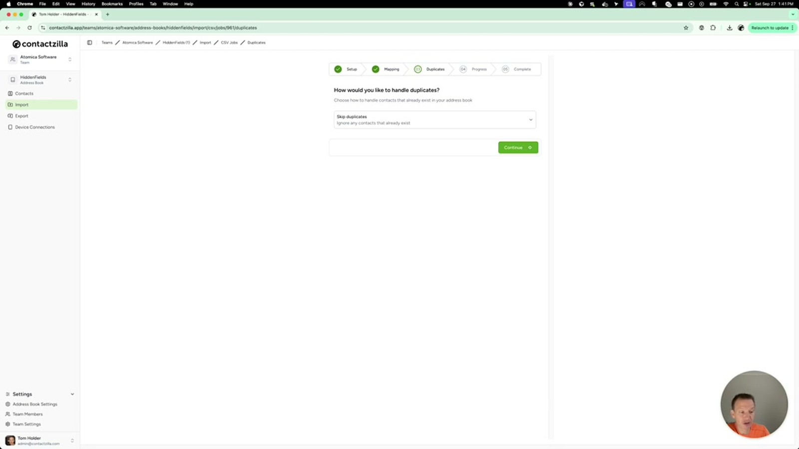 CSV import field mapping screen showing SID mapped to Hidden Custom Unique and Email mapped to Email Address