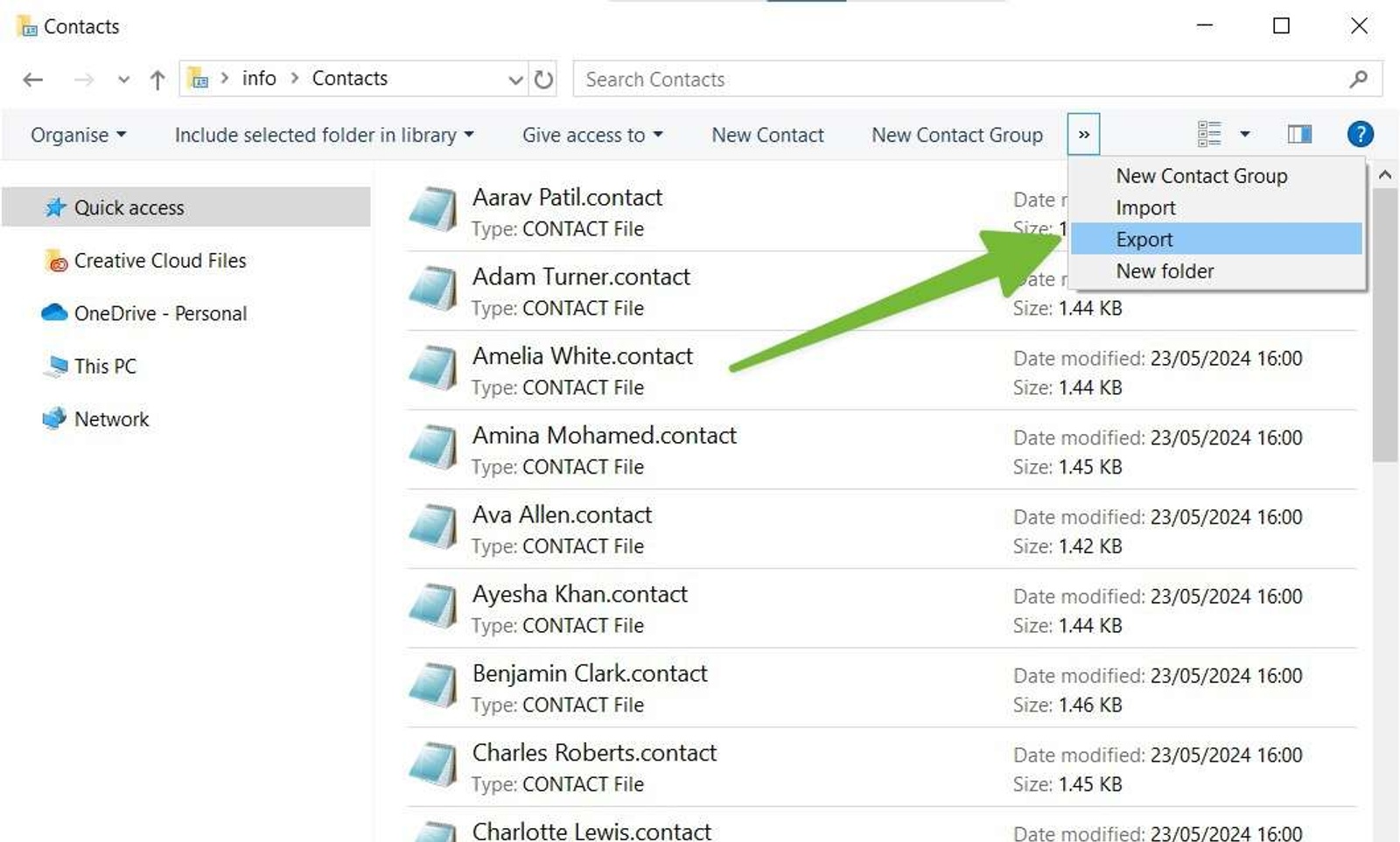 Import menu from within Windows Contacts.