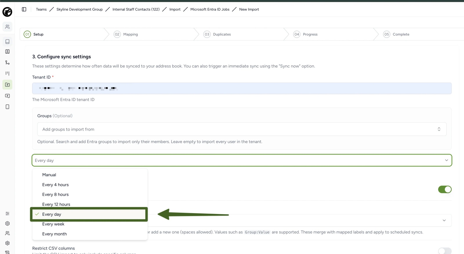 Contactzilla Microsoft Entra ID importer setup with the Tenant ID field, an optional Groups filter and the sync schedule set to Every day.