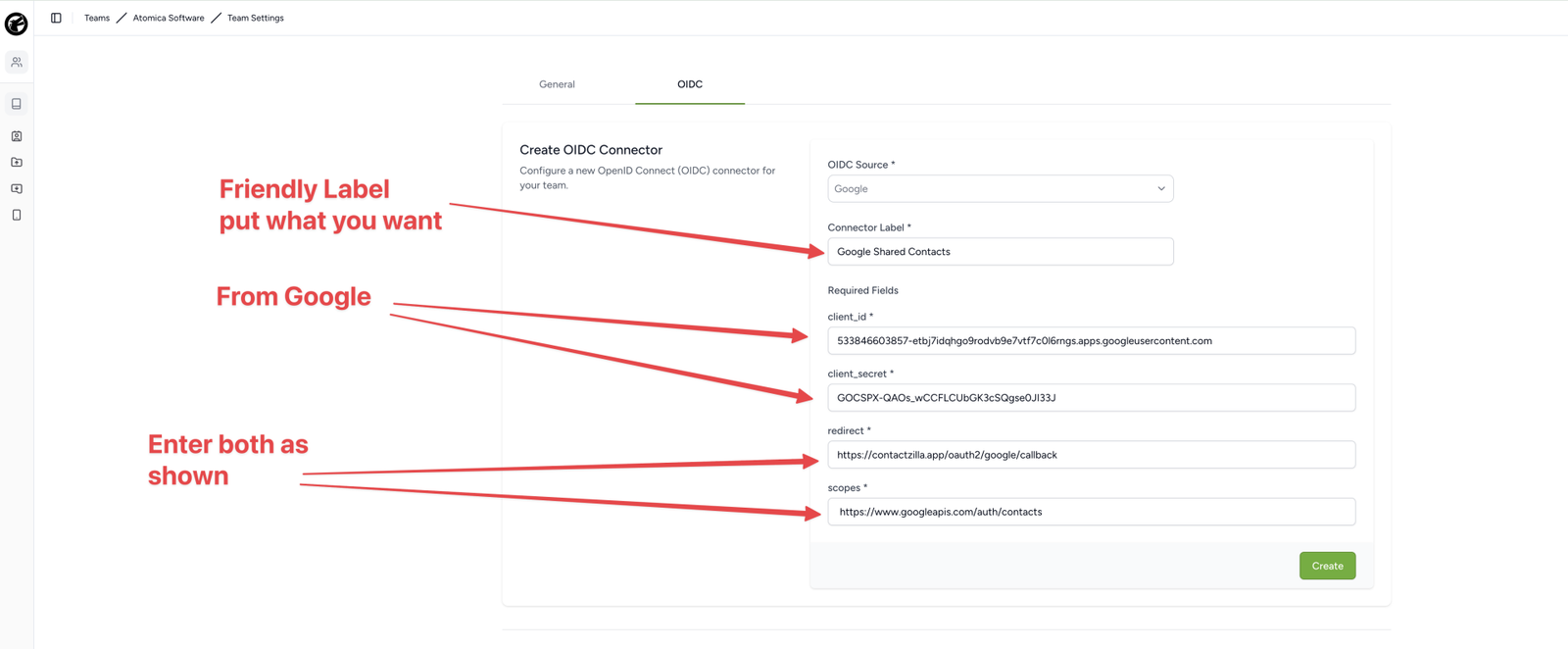 Setup the OIDC connector in the team settings of Contactzilla.