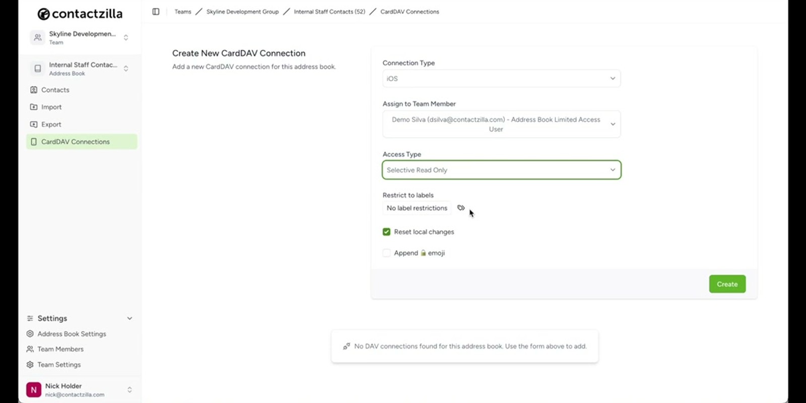 Connection creation screen showing connection type selection and user assignment options