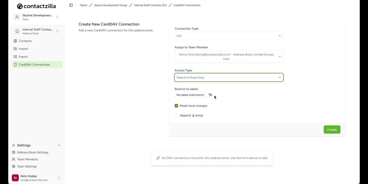 Connection creation screen showing connection type selection and user assignment options