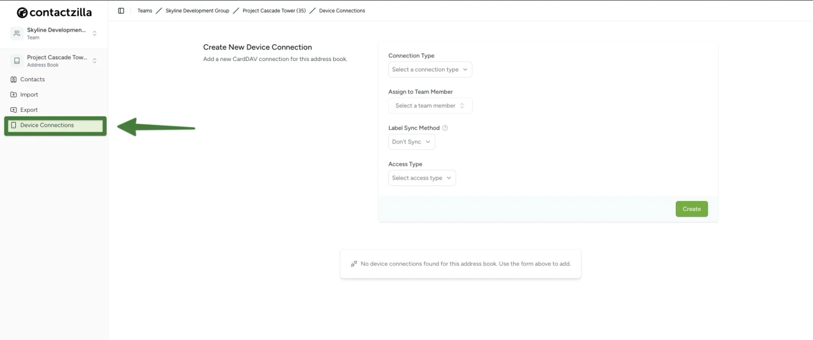 Selecting CardDAV connections menu in the Contactzilla dashboard.