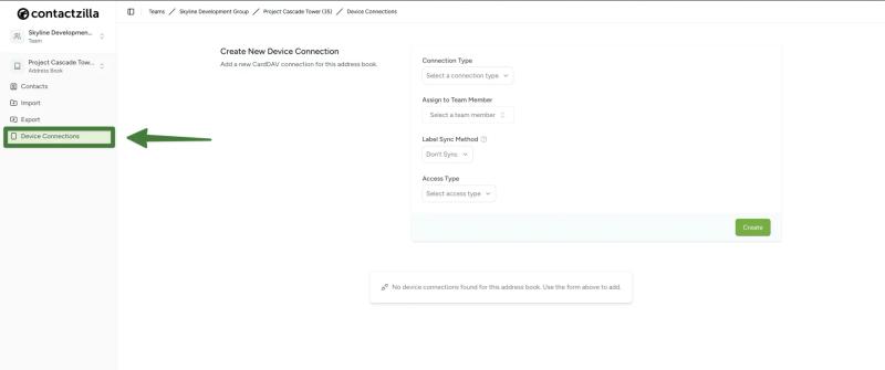 Selecting CardDAV connections menu in the Contactzilla dashboard.