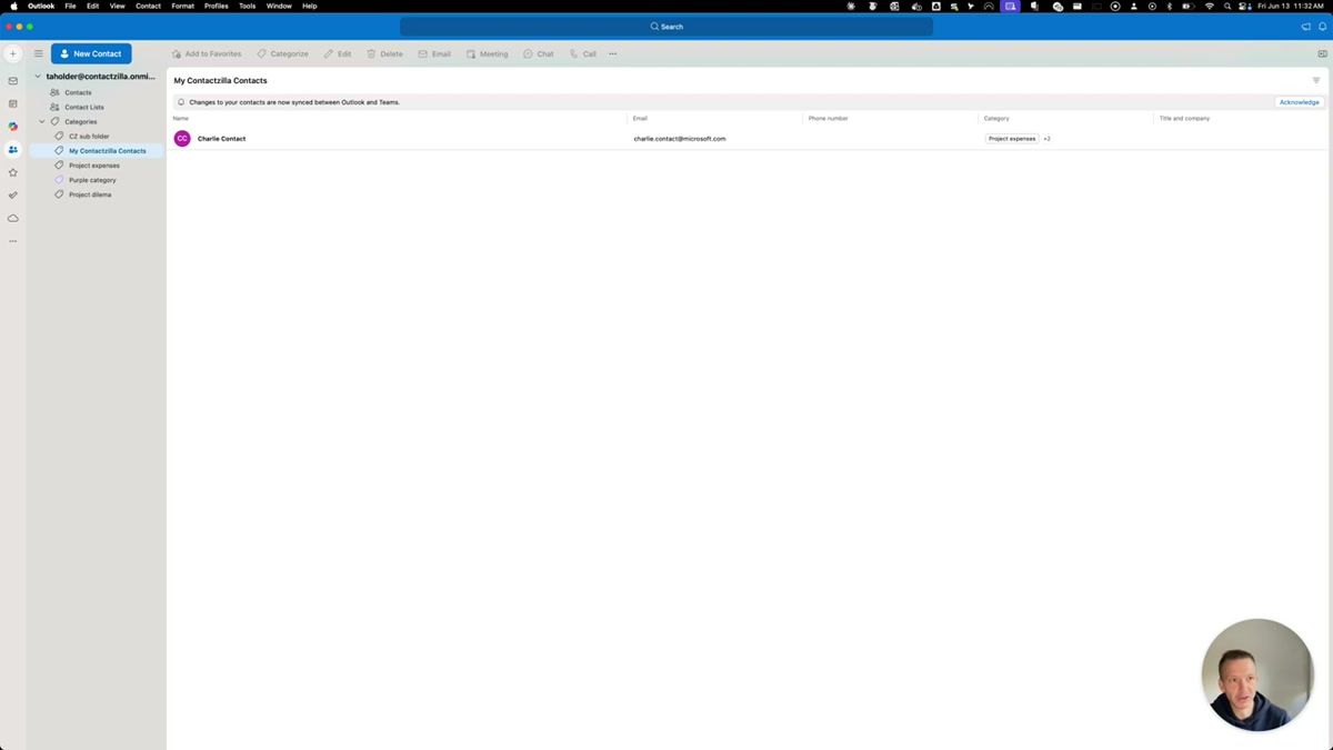 Microsoft 365 Outlook Web interface showing the Directory section with All Contacts listing