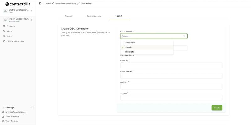 Configure the Contactzilla OIDC connector for Google Workspace by selecting Google as the identity source.
