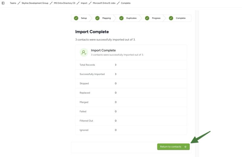 Microsoft Entra ID import completed successfully in Contactzilla with summary of imported contacts