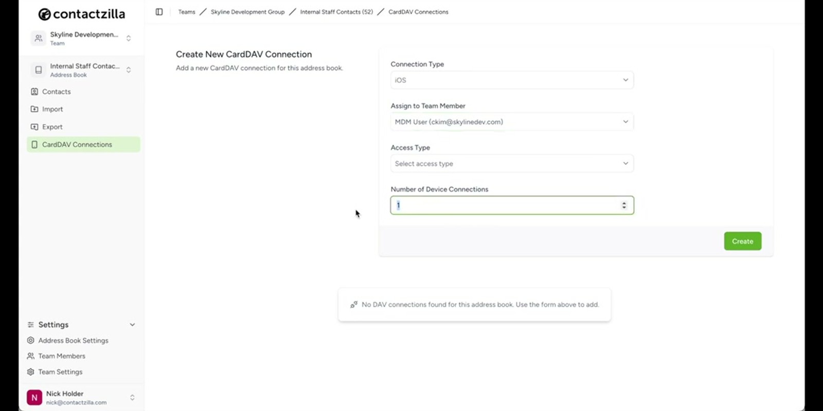 Contactzilla dashboard showing the CardDAV Connections section within an address book