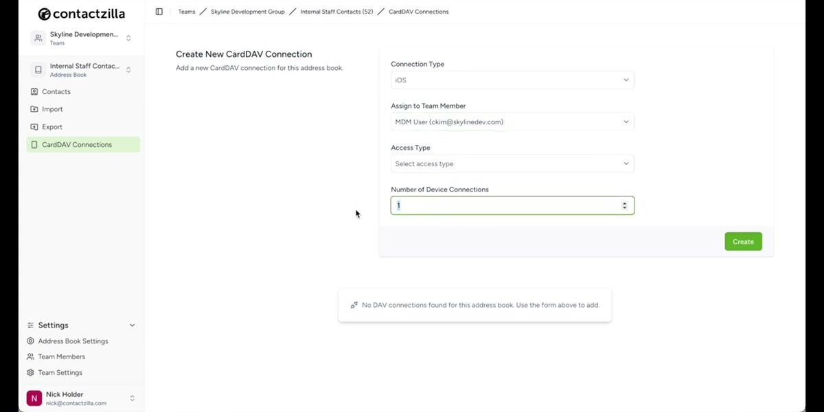 Contactzilla dashboard showing the CardDAV Connections section within an address book