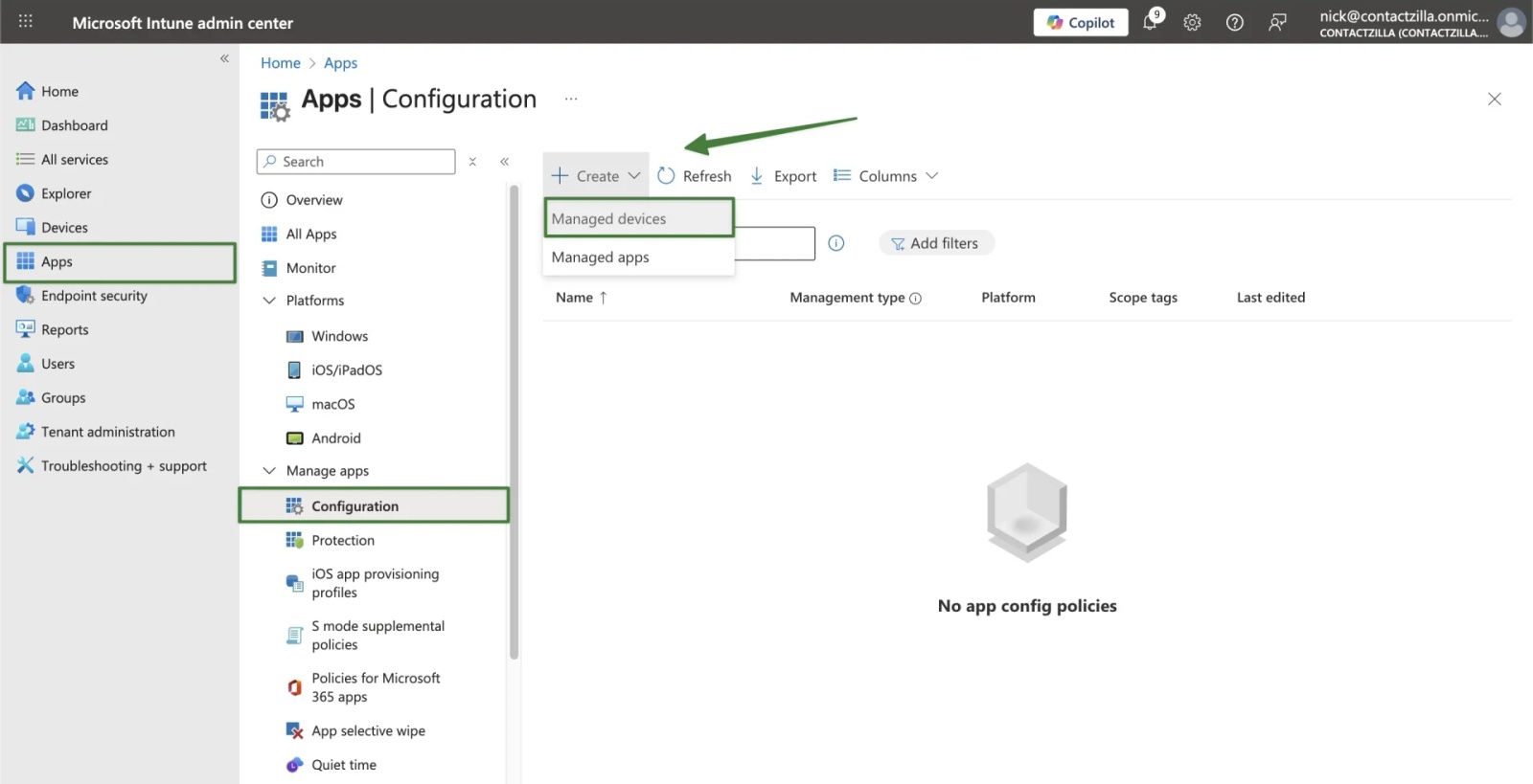 Intune admin center — Apps > Manage apps > Configuration screen showing Create > Managed devices to start a Contactzilla Sync app configuration policy for Android.