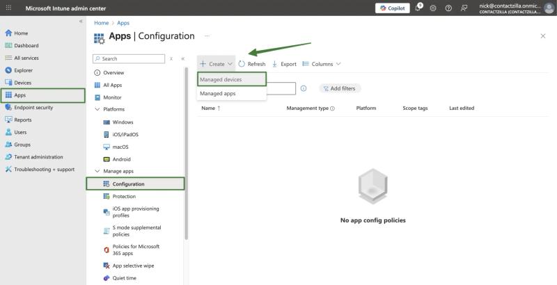 Intune admin center — Apps > Manage apps > Configuration screen showing Create > Managed devices to start a Contactzilla Sync app configuration policy for Android.