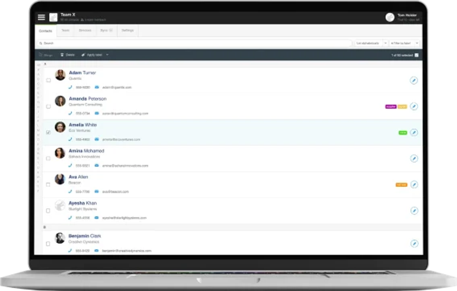 A screen shot of the Contactzilla interface on a laptop.
