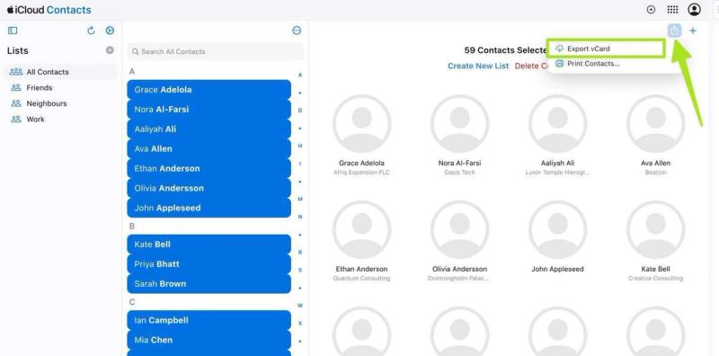 Screenshot showing the option to export contacts after selecting all on the iCloud website.