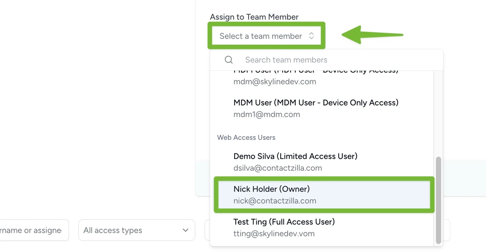 Screenshot from Contactzilla’s “Create New CardDAV Connection” interface. A dropdown labeled Assign to Team Member is open, and the option Nick Holder (Owner) is highlighted in green—illustrating Step 3: selecting which team member the Android CardDAV connection will be assigned to.
